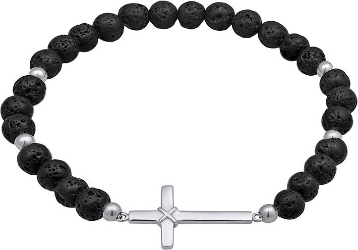 bestellen Schwarz 925 18558401 Armband Lava schwarz in Silber Perlen KUZZOI - Kreuz