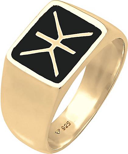 goldene Oberfläche mit Emaille schwarz und Stern Design Gold-Ring für Männer in der Ringgröße 54 – 66 0606182620 Kuzzoi Siegelring Herrenring massiv 11 mm breit in 925 Sterling Silber vergoldet